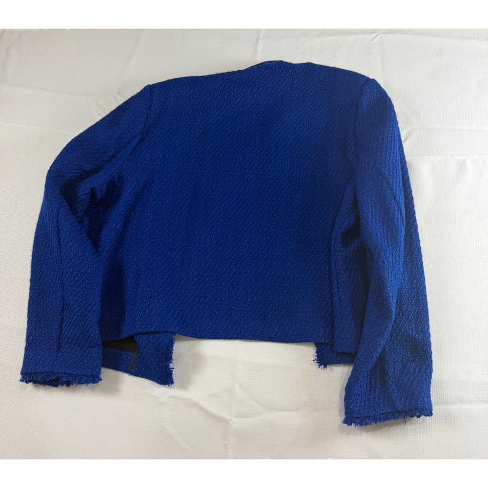 Cato Royal Blue Tweed Jacket Womens XL Open Front Frayed Trim Cropped Blazer - Picture 7 of 9